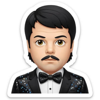 Oliver Reed with black hair, black sequin suit with bow tie sticker