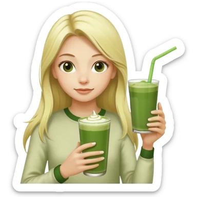 A blonde girl with long hair offers a glass of matcha latte with two straws sticker