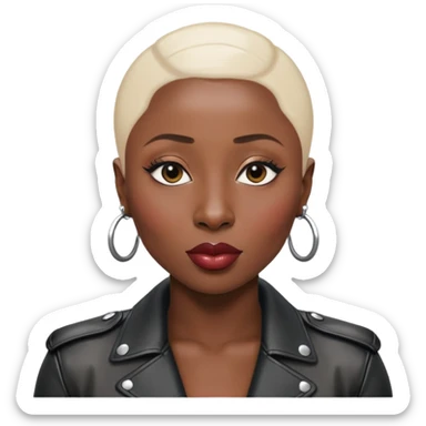 Cynthia erivo no hair no eyebrows leather jacket Alluring black woman wide nose bald head big glossy lips sticker