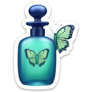  pastel green butterfly resting on an elegant blue perfume bottle with fork dark blue details. sticker