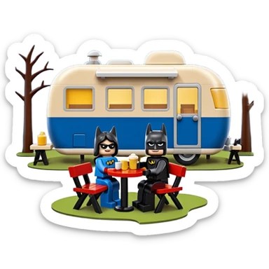  Ultra cute futuristic Lego detailed Batman and pretty Catwoman dream house Caravan with picnic table and folding chairs alone at romantic night(hot chocolate and cheeseburgers on the grill) sticker