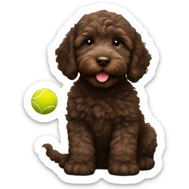 Dark brown Australian labradoodle puppy with tennis ball sticker
