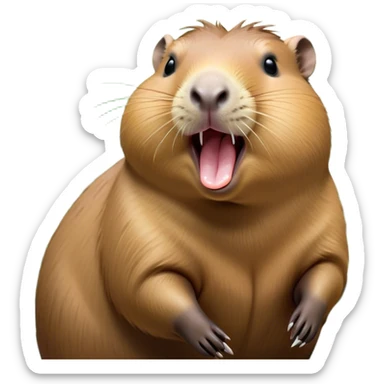 Cinematic Cute Yawning Capybara Portrait Emoji, Head tilted slightly with a dramatic, wide-open yawn, showcasing a plush, rotund body with a gently relaxed capybara face, including a short snout and subtly drooping ears, with drowsy, half-closed eyes rendered in exquisite detail; high shine, relaxed yet expressive, styled with a dash of playful natural charm, soft glowing outline, capturing the essence of a sleepy yet affectionate capybara that appears ready to stretch out for a peaceful nap! sticker