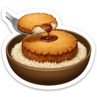 bowl filled with rice, a bit of brown sauce over the rice and a breaded pork cutlet over it sticker