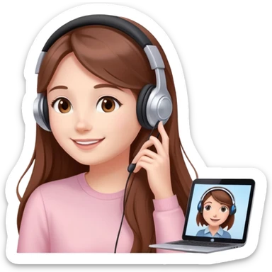 Girl with long brown hair talking to her long-distance boyfriend on video call, smiling sweetly elegant cute delicate lightpink aura  sticker