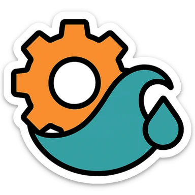 modern flat icon style logo for a Rust parser for Shopify's Liquid, combining a gear with a liquid wave, orange and teal palette sticker
