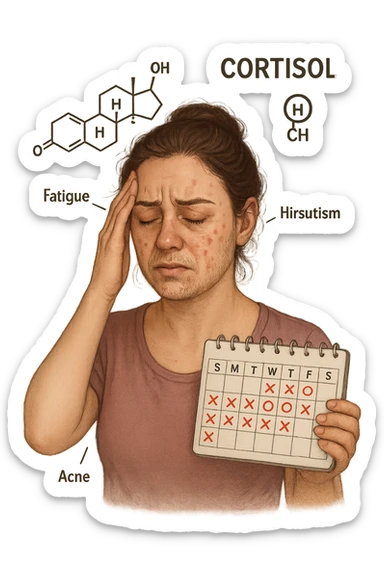 realistic and symbolic representation of elevated cortisol in a woman with PCOS, symptoms include stress, fatigue, acne, hirsutism, irregular cycle, graphic elements representing cortisol hormone, no background, 2:3 aspect ratio sticker