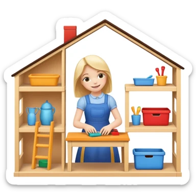 smiling girl arranging furniture in doll house sticker