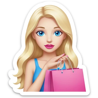 Cinematic realistic blonde with long hair, blue eyes and pink lips holds shopping bags in her hands sticker