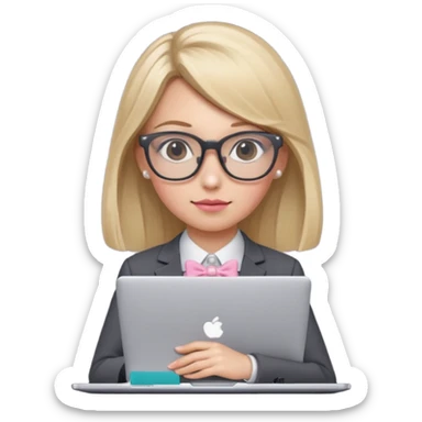 Please take the girl with laptop emoji and make her glassess light brown and her nose a bit smaller and pointier and she has blonde long hair and a dark grey suit and pearls, and has a laptop in fron of her and a tiny pink bow on the left side of her head sticker