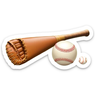 A baseball bat, ball, and glove resting on the ground, set against the backdrop of a baseball field. The scene captures the iconic equipment of the sport, with the field in the distance and a bright sky above, evoking the spirit of the game. sticker