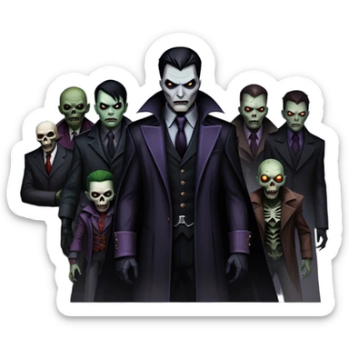 Icon for Thriller Movies: A large, dramatic collage featuring sinister villains and zombies in dark clothing. The background shows the gloomy cityscape of Gotham with dim lighting and eerie shadows. The atmosphere should be tense, mysterious, and suspenseful. Transparent background. sticker