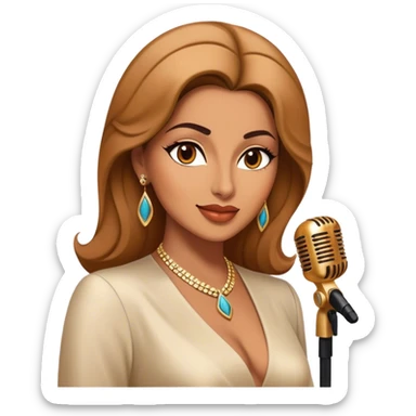 Cinematic Realistic Fairuz Portrait Emoji, depicted as an iconic Lebanese singer with graceful soulful expression and elegant attire, rendered with lifelike textures and warm radiant lighting that captures her timeless musical allure. sticker