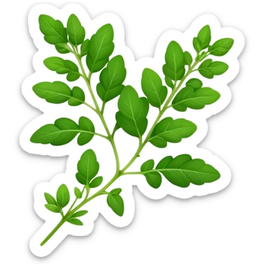 Cinematic Realistic Oregano Emoji, Bold and aromatic, with dark green leaves that radiate flavor and warmth. The plant’s rounded leaves create a lush, hearty growth, while the distinct scent invites comfort and coziness. Soft glowing outline, capturing the essence of bold flavor and herbal richness in a sprig of oregano! sticker