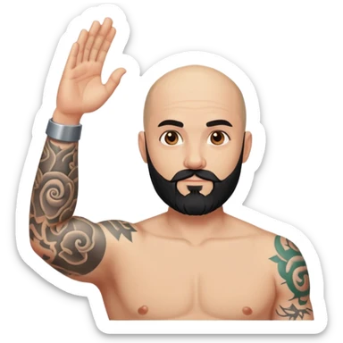 Bald man with black beard raising his hand with tattoos on forearm sticker