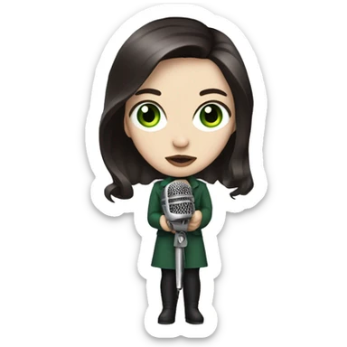 A pop singer with a microphone, dark brown hair and pale skin and dark green eyes sticker