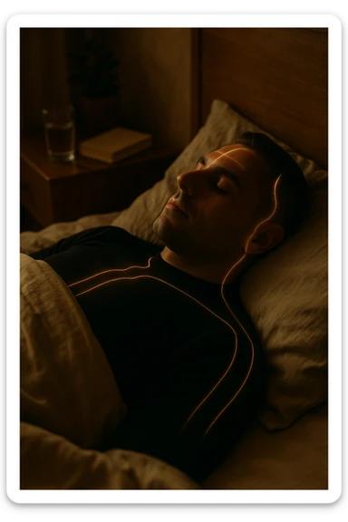 A cinematic close-up of a man in his early 30s sleeping peacefully on his back in a softly lit bedroom. His breathing is calm, chest rising slowly. The sheets are slightly crumpled, natural linen textures in warm beige tones. His face is relaxed, with faint light illuminating the side of his cheek and temple from a nearby window. Around his body, faint glowing lines follow the spine and head, symbolizing deep nervous system recovery and hormonal balance. On the nightstand: a glass of water, a book, and no electronics. The room is quiet and grounded, with natural elements like a small plant and a wooden headboard. Shot in 35mm cinematic style, with warm ambient tones, shallow depth of field, and a peaceful, healing atmosphere sticker