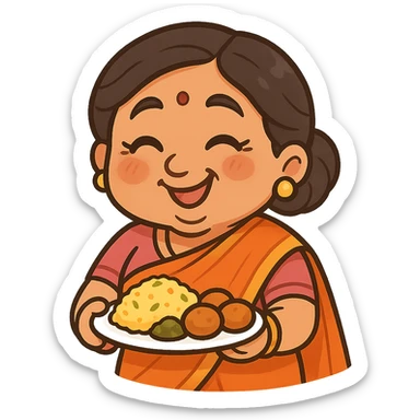 warm, loving, slightly meddling Indian auntie dressed in colorful saree, smiling, holding plate of food, expressive eyes, caring playful cartoon style, sticker emoji look sticker