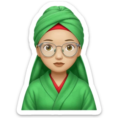 Asian woman wearing a green towel in her head with a broken glasses on her face in red pajamas sticker