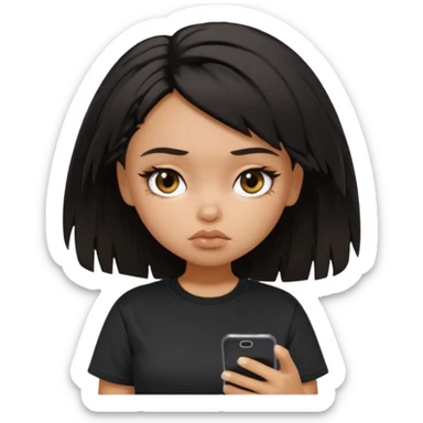 generate a pretty bratz girl with short black very messy dirty hair, looking tired and using her phone, wearing an oversized black tshirt sticker