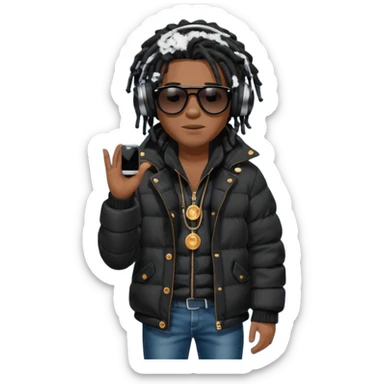 African American man brown skin complexion with black dreadlocks shoulder length wearing black bubble winter coat wearing black sunglasses with denim skinny jeans and timberland boots wearing headphones and rapping into a studio microphone sticker