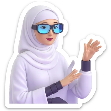 computer engineer with white hijab proudly presenting her completed metaverse creation, gesturing toward a floating holographic virtual world she built, explaining her digital architecture to audience, professional stance, AR glasses, display showing her code and virtual environment sticker