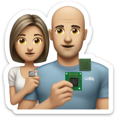 unhappy, bald young man, on his hand there is semiconductor chip with his girlfriend sticker