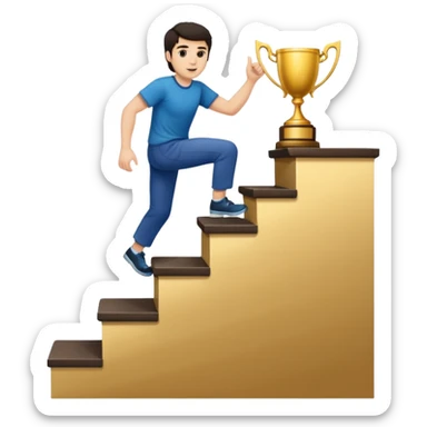 A man with fair skin and dark hair is climbing stairs to grab a trophy on the top step. sticker