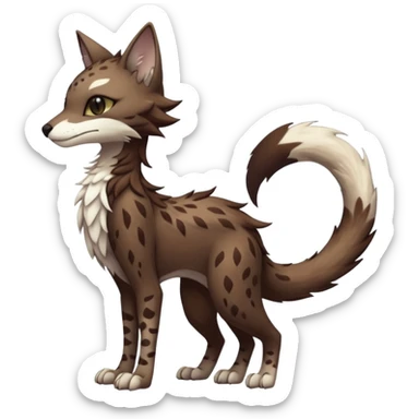 Kawaii dark edgy brown beige white fantasy ethereal feline-vernid-sergal-rocruff-fursona animal creature with a tufted tail full body with intricate markings  sticker