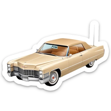 Ultra-minimalist beige 1966 Cadillac DeVille, very simplified shapes, clean 30-degree perspective, only essential details, basic geometric representation, Once Upon a Hollywood car, iOS emoji style sticker