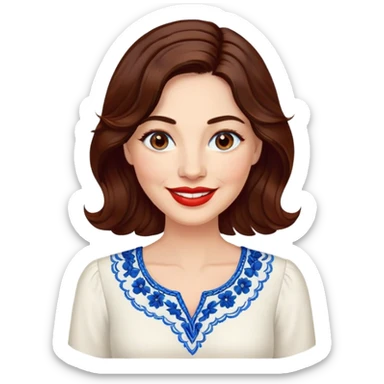 40-year-old woman with luminous fair skin, round face, wide smile, large light brown eyes, vibrant red lips, shoulder-length dark brown wavy hair, wearing white blouse with blue embroidery and electric blue neckline, mature but youthful appearance sticker