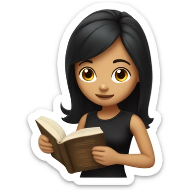 Girl with tan skin and long black hair and black shirt reading a book sticker