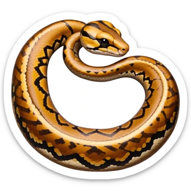 A photo-realistic top-down view of a Ball Python gently coiled into a tight spiral, with its head resting peacefully at the center. Its scales are warm brown with bold, irregular black markings, including the distinctive “alien-head” pattern, flowing smoothly along its body.  sticker