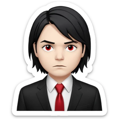 🎨 Classic Emoji — Gerard Way (Revenge Era)
Round, simplified emoji style
Pale skin tone
Jet-black, shoulder-length hair
Heavy eyeliner and slight red shadow under the eyes
Subtle serious / melancholic expression
Hint of red tie visible on black suit
Transparent background sticker