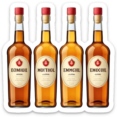 Four bottles of alcohol, each with distinct shapes and labels, arranged neatly in a row. The bottles should vary in color and size, with detailed labels and caps. sticker