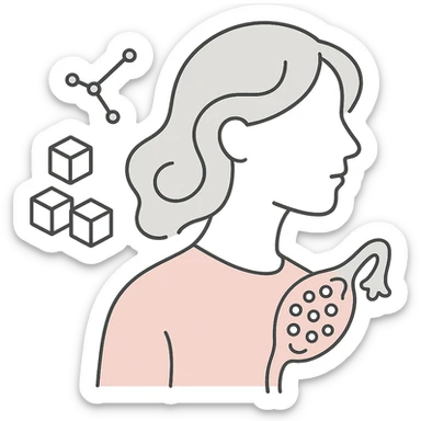 pastel abstract art of a woman's silhouette with swirling hair, sugar cubes, and constellation-shaped polycystic ovaries, minimalist medical style sticker