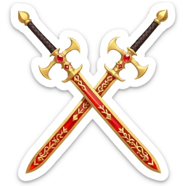Two crossed swords that are golden in blade and handle and have fiery and royal appearence to them as well as red gem stones yellow in color sticker