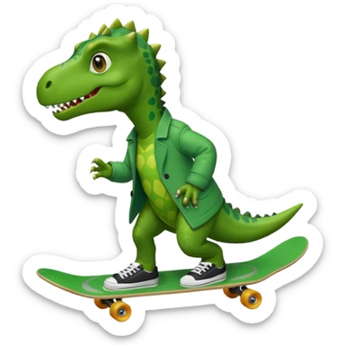 a dinosaur on a skateboard wearing a coat with sneakers in the bottom sticker