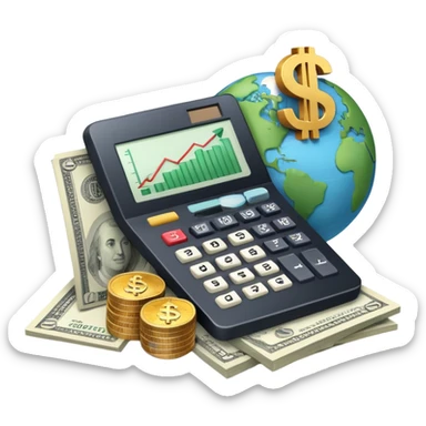 An icon featuring a calculator, a dollar sign, and a chart with upward trends, symbolizing economics. The design includes coins, bills, and a globe, representing global trade and financial systems. Transparent background highlights the study of markets, supply, and demand. sticker