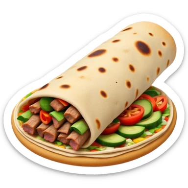 Cinematic Realistic Shawarma Dish Emoji, showcasing spiced, succulent meat wrapped in flatbread with fresh vegetables rendered with lifelike detail and dynamic, appetizing lighting. sticker