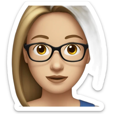 young white woman, brown straight hair, blue eyes, wearing glasses with black frame sticker