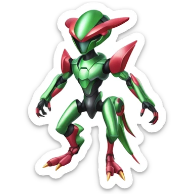 a shiny metallic Genesect-Flygon-Raptor-Fakémon-Medabot-hybrid with a futuristic visor-helmet full body sticker