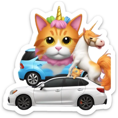 An orange cat driving an STI Subaru with a unicorn as it’s passenger sticker