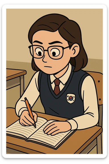 A South Korean high school student diligently taking notes in class, wearing a typical school uniform, with a studious expression, in a friendly cartoon style sticker