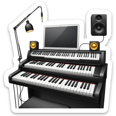 music studio with piano keyboard, computer screen, and audio cables sticker