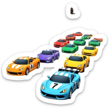 grandstands filled with cheering crowds, checkered flags waving, and traffic lights signaling the start, with a thrilling atmosphere of anticipation and speed. Sporty cars and motorcycles lined up at the starting line, ready to race, with a vibrant racetrack in the background. sticker