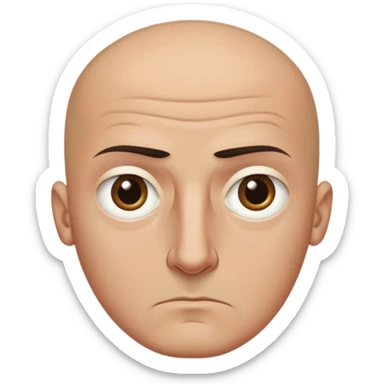 Steven Miller, bald, scowling expression, narrow rectangular head, bottom lip sticking out, eyelids almost closed and lower on the outside, very dark circles around eyes sticker