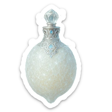 luxurious crystal elixir bottle in frozen lemon shape, frosty pale yellow color, ornate silver and iridescent details, even more icy and sparkling effects, magical glowing, very small neck, seamless bottom, bottle clearly floating in air, no base or shadow, modern, collection style, transparent background sticker