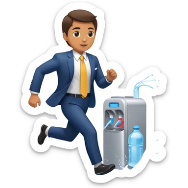 Business executive running marathon in suit next to water cooler sticker