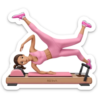 white brunette girl in light pink workout clothes doing a plank on a reformer sticker